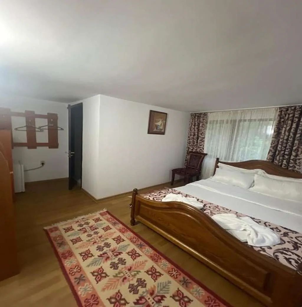 Cameră triplă cu pat din lemn masiv și covor tradițional